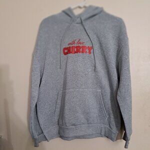 SHEIN Cherry Hoodie Medium Gray Fleece Graphic Pullover Sweatshirt